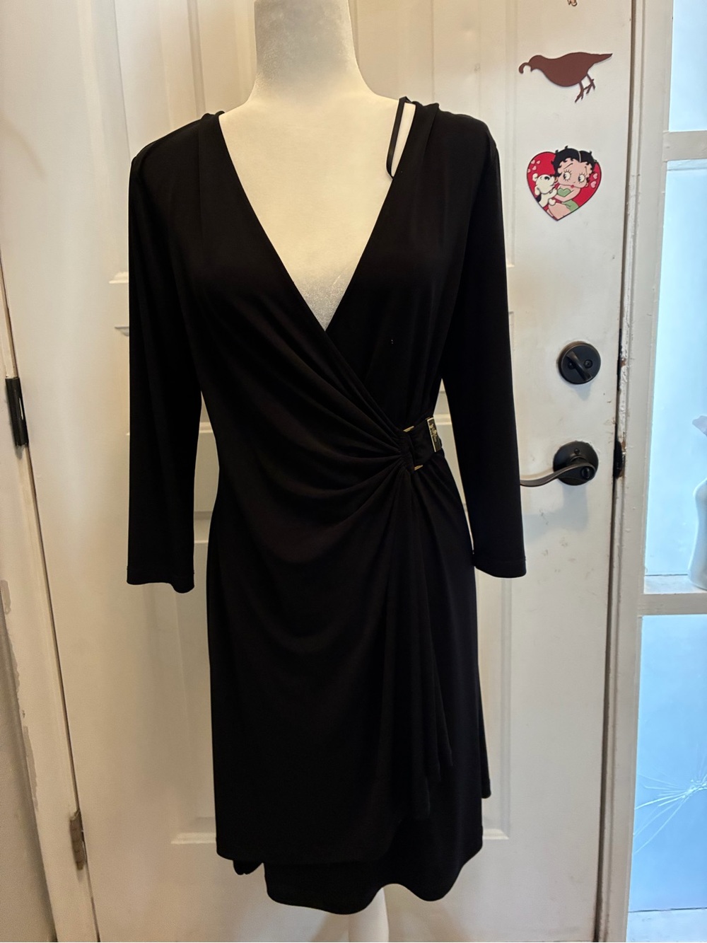 Calvin Klein Black Long-Sleeve Wrap Dress with Side Gather